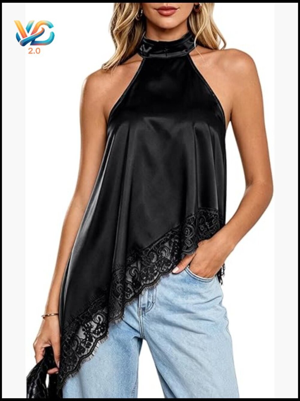Satin Halter Top Y2K Mock Neck Sleeveless Lace Trim Asymmetrical Hem Cami